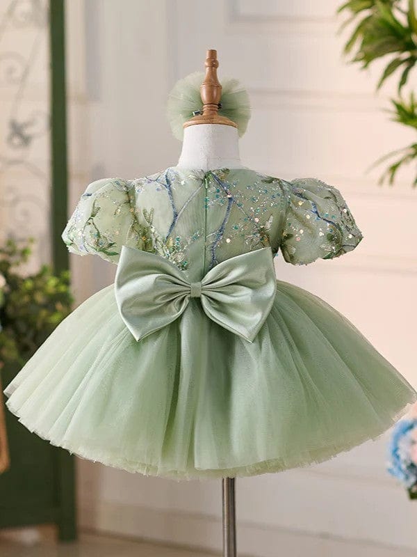 Sunnypetal Sage Green Puff Sleeves Embroidery Sequins Flower Girl Dresses with Satin Bow