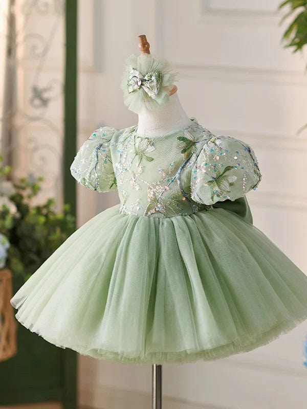 Sunnypetal Sage Green Puff Sleeves Embroidery Sequins Flower Girl Dresses with Satin Bow