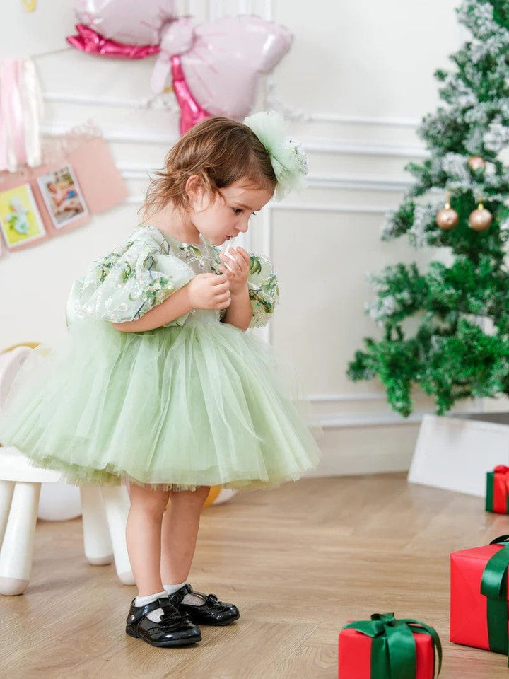 Sunnypetal Sage Green Puff Sleeves Embroidery Sequins Flower Girl Dresses with Satin Bow