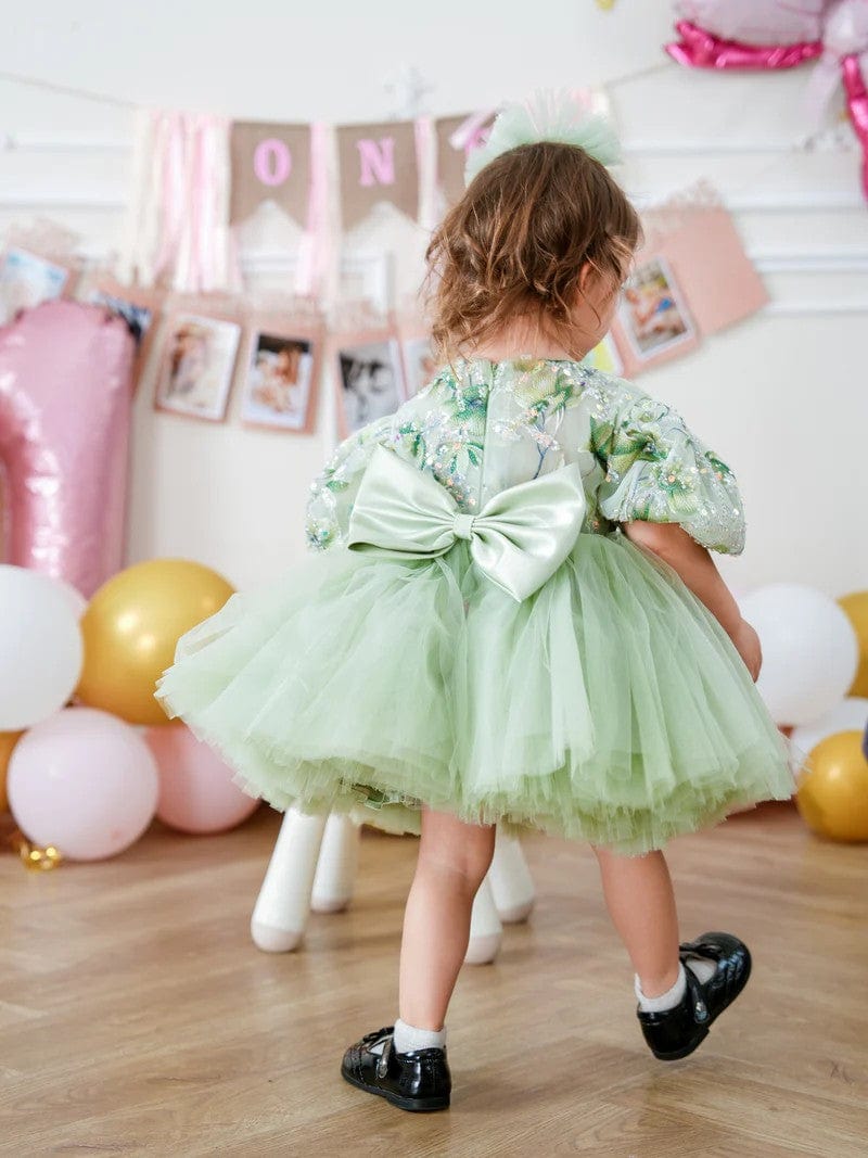 Sunnypetal Sage Green Puff Sleeves Embroidery Sequins Flower Girl Dresses with Satin Bow