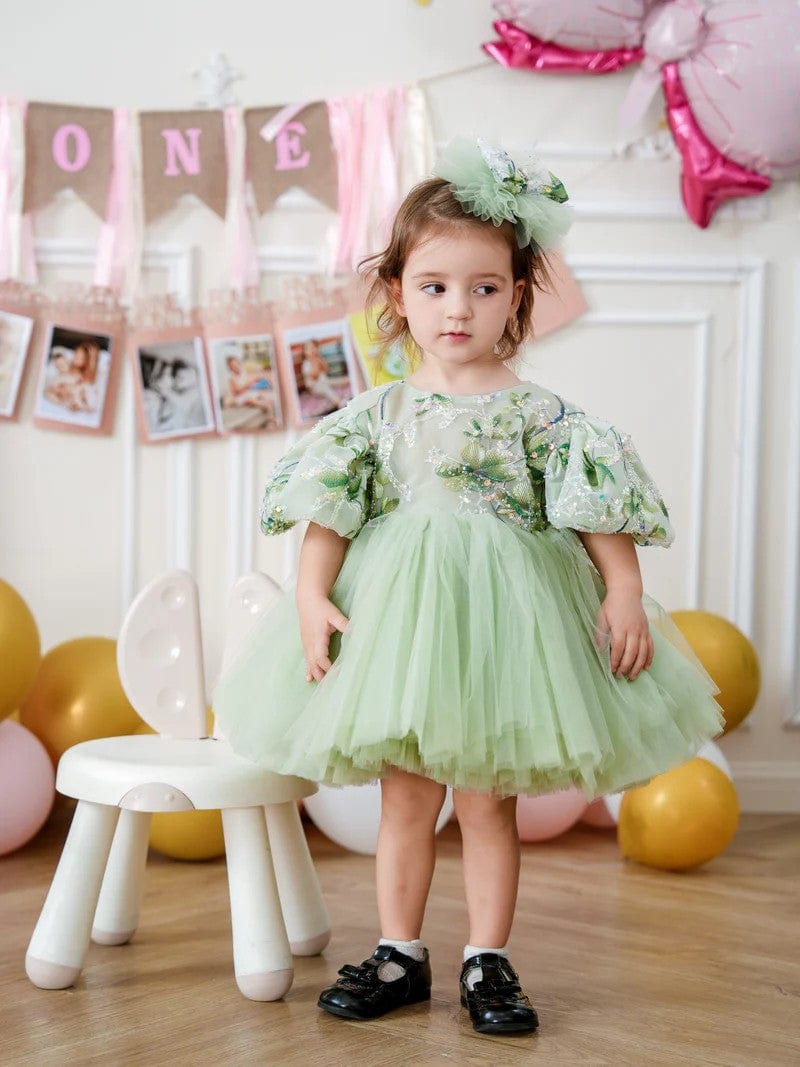 Sunnypetal Sage Green Puff Sleeves Embroidery Sequins Flower Girl Dresses with Satin Bow