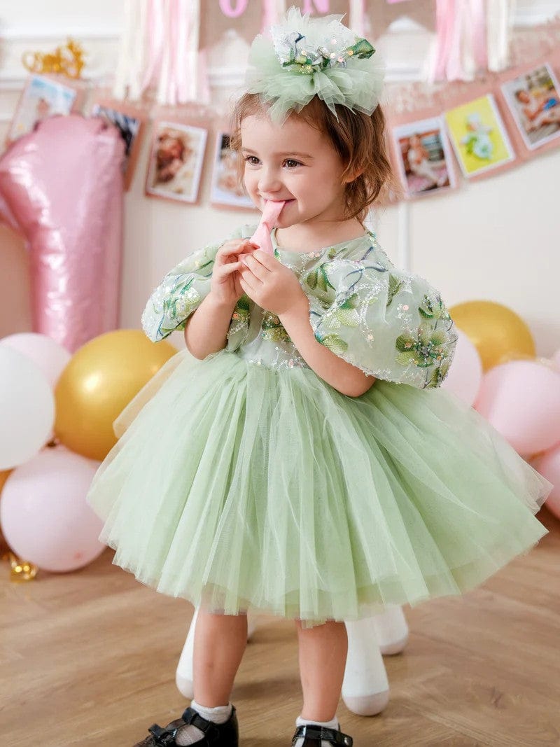 Sunnypetal Sage Green Puff Sleeves Embroidery Sequins Flower Girl Dresses with Satin Bow