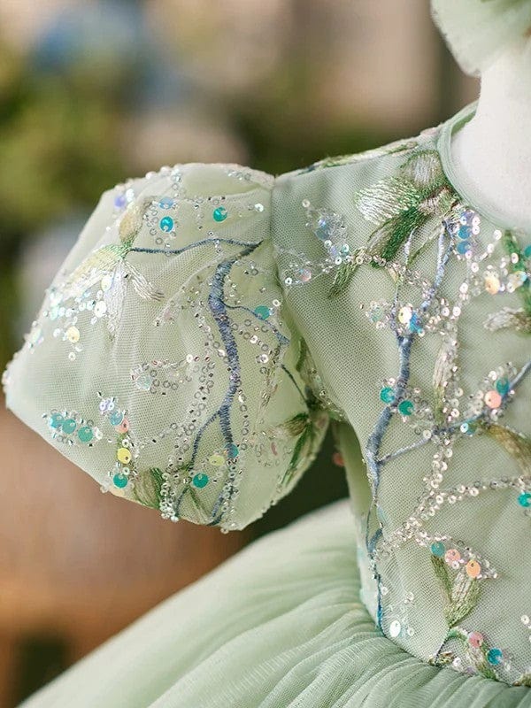 Sunnypetal Sage Green Puff Sleeves Embroidery Sequins Flower Girl Dresses with Satin Bow