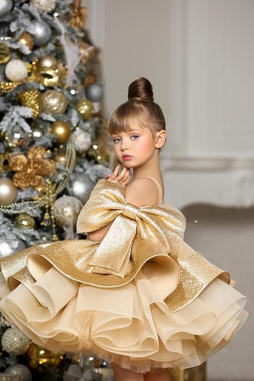 Sunnypetal Satin Puffy Flower Dresses Short Girls Pageant  Princess Bow Knot Birthday Party Dress