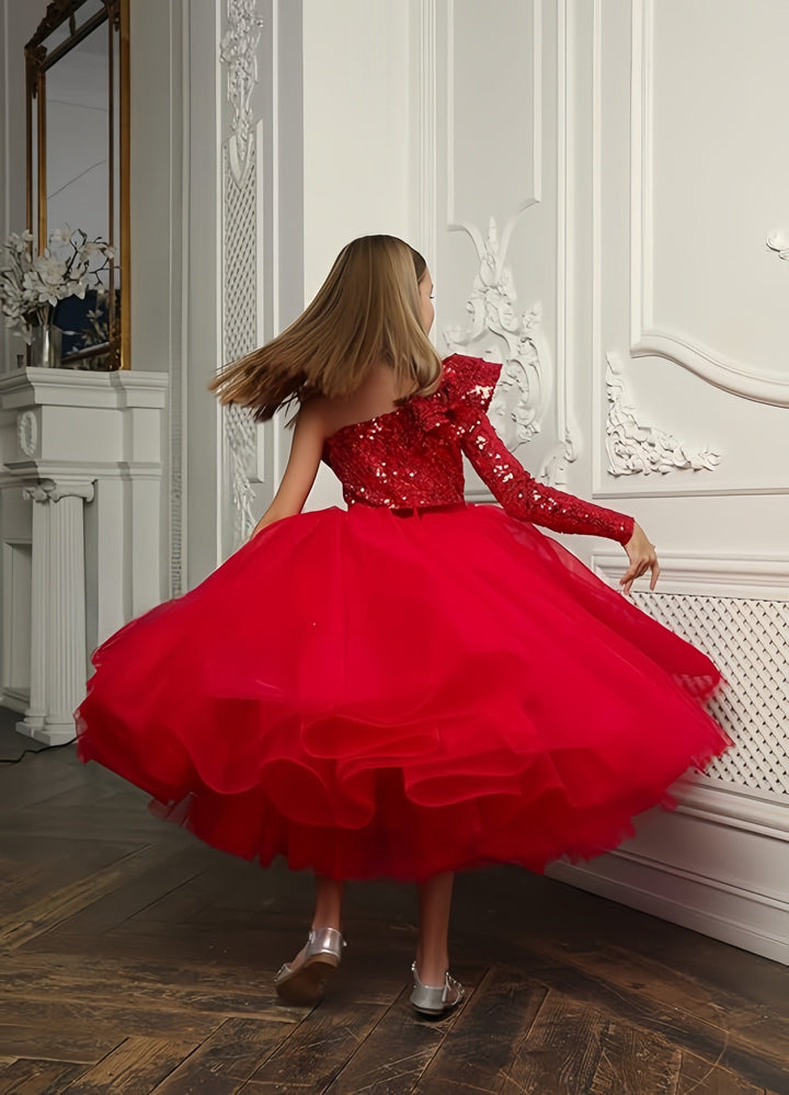 Sunnypetal Sequins Long Sleeve One Shoulder Ankle-Length Flower Girl Dresses Pageant Gowns