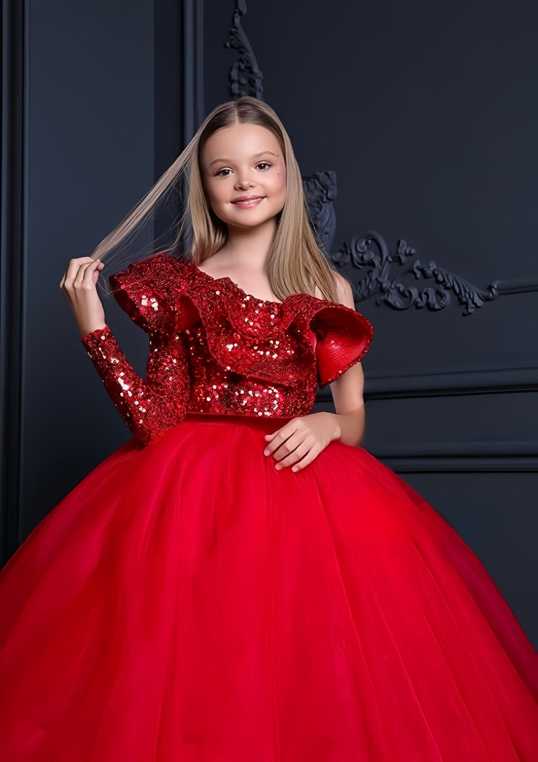 Sunnypetal Sequins Long Sleeve One Shoulder Ankle-Length Flower Girl Dresses Pageant Gowns