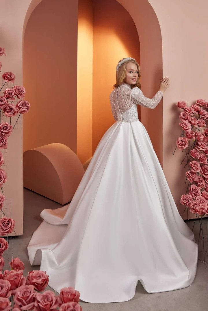 Sunnypetal Shiny Sequins Beaded Long Sleeves Satin Princess Flower Girl Gown