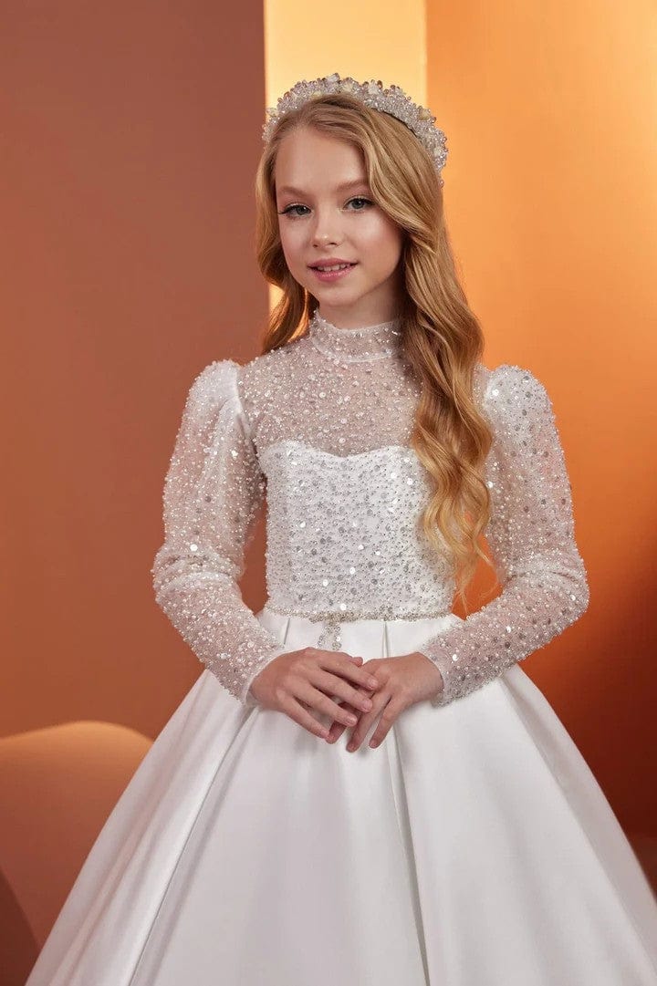 Sunnypetal Shiny Sequins Beaded Long Sleeves Satin Princess Flower Girl Gown
