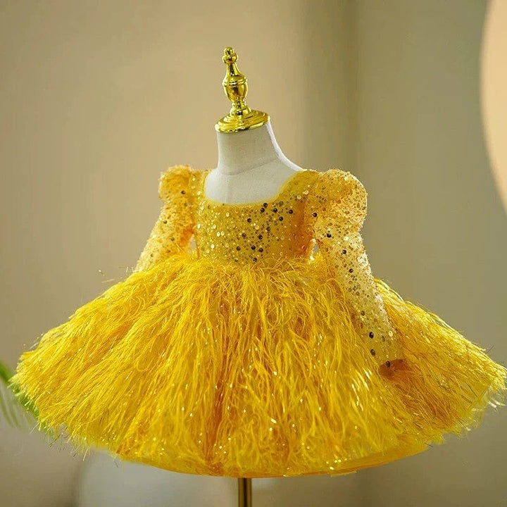 Sunnypetal Shiny Sequins Tulle Feathers Knee-Length Toddler Girl Birthday Pageant Dance Dress