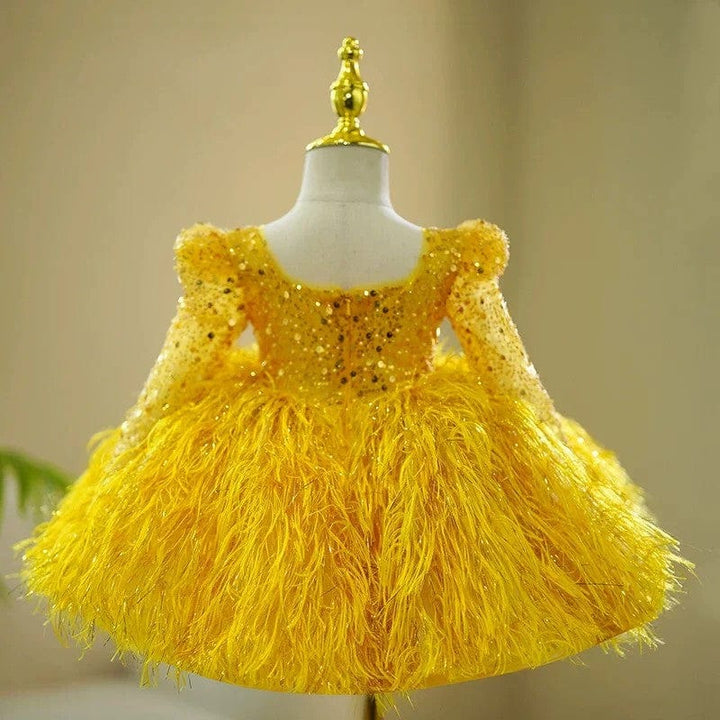 Sunnypetal Shiny Sequins Tulle Feathers Knee-Length Toddler Girl Birthday Pageant Dance Dress