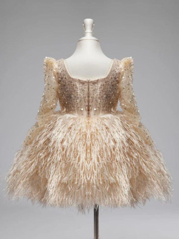 Sunnypetal Shiny Sequins Tulle Feathers Knee-Length Toddler Girl Birthday Pageant Dance Dress