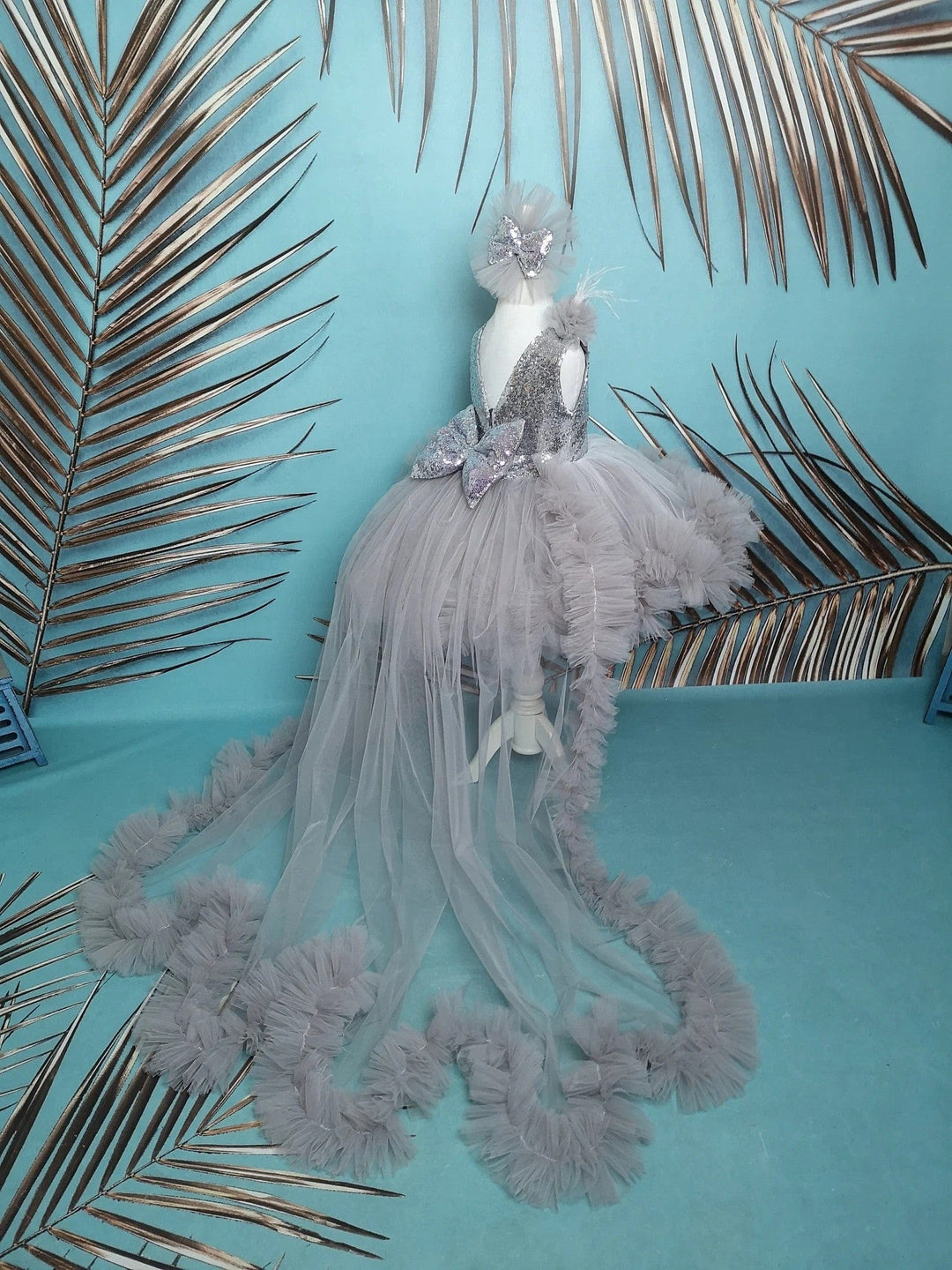 Sunnypetal Silver Kids 1st birthday Prom Pageant Dress Long Puffy Tutu Train