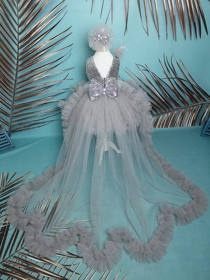 Sunnypetal Silver Kids 1st birthday Prom Pageant Dress Long Puffy Tutu Train