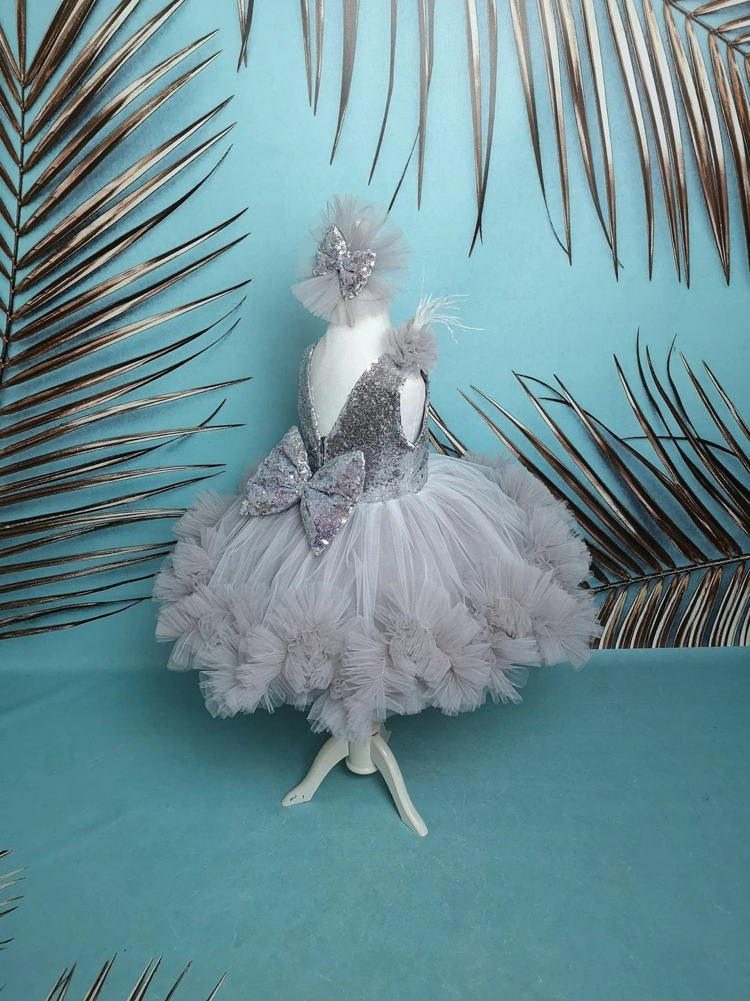 Sunnypetal Silver Kids 1st birthday Prom Pageant Dress Long Puffy Tutu Train