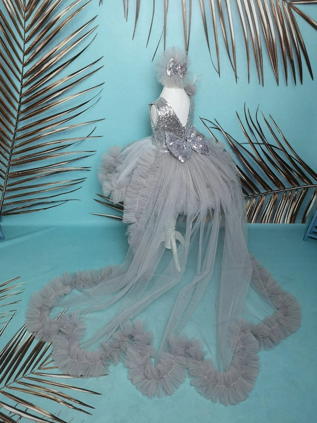 Sunnypetal Silver Kids 1st birthday Prom Pageant Dress Long Puffy Tutu Train