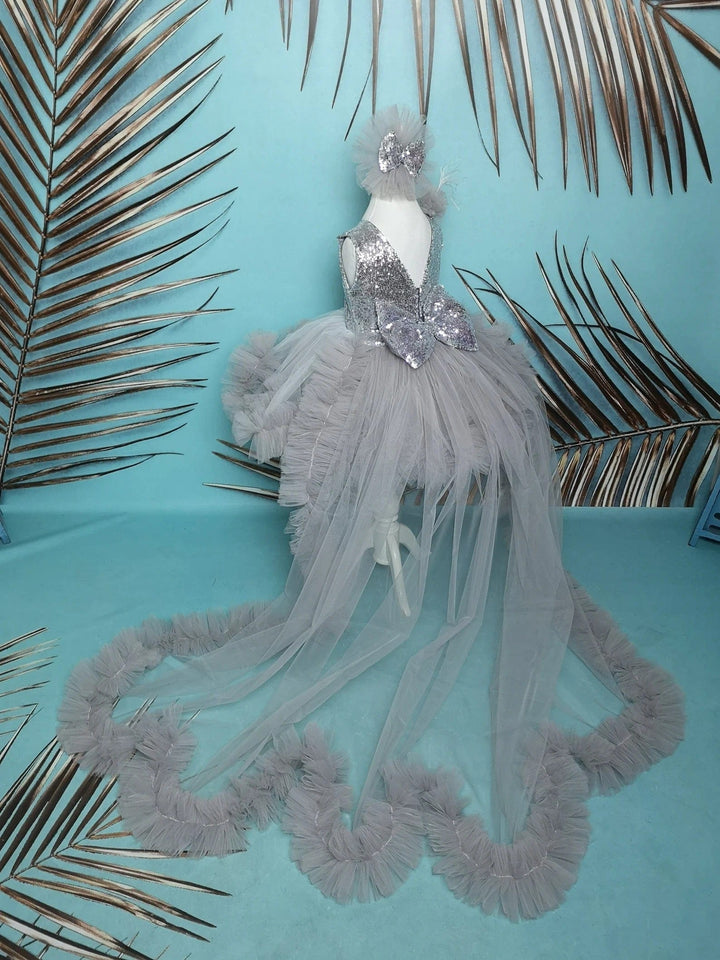 Sunnypetal Silver Kids 1st birthday Prom Pageant Dress Long Puffy Tutu Train