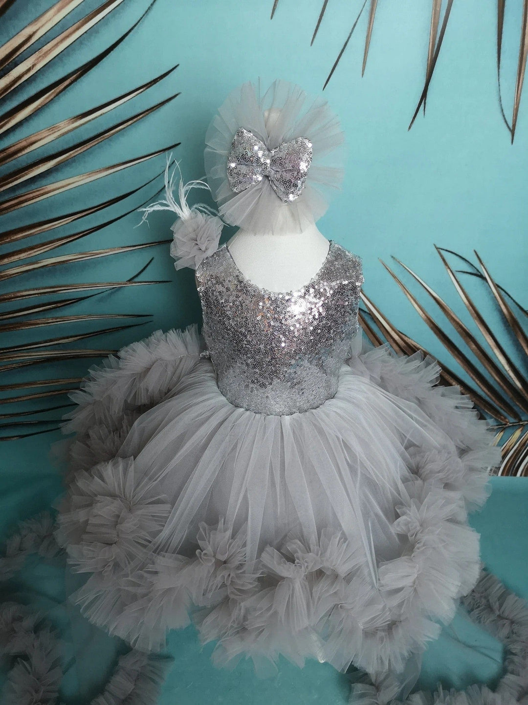 Sunnypetal Silver Kids 1st birthday Prom Pageant Dress Long Puffy Tutu Train