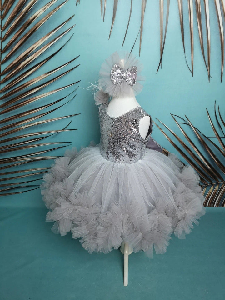 Sunnypetal Silver Kids 1st birthday Prom Pageant Dress Long Puffy Tutu Train