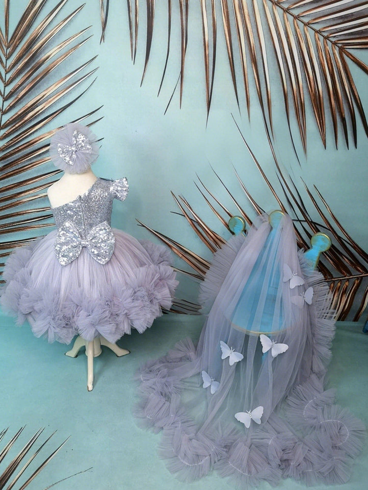 Sunnypetal Silver One-Shoulder Sequin 3D Butterfly Asymmetry Flower Girl Dresses