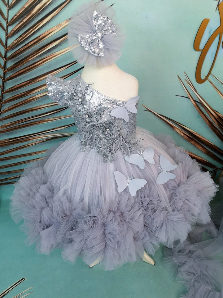 Sunnypetal Silver One-Shoulder Sequin 3D Butterfly Asymmetry Flower Girl Dresses
