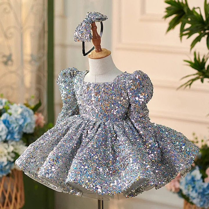 Sunnypetal Silver Sequin Long Sleeves Square Neck Knee-Length Flower Girl Dresses