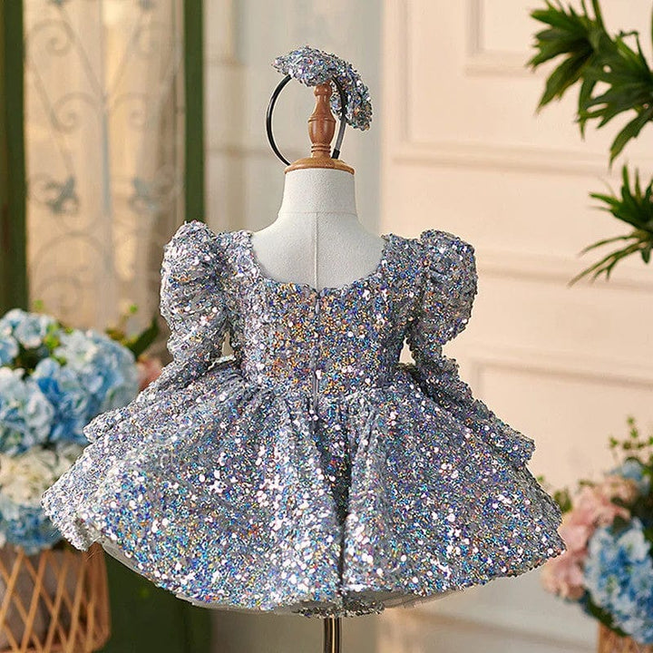 Sunnypetal Silver Sequin Long Sleeves Square Neck Knee-Length Flower Girl Dresses