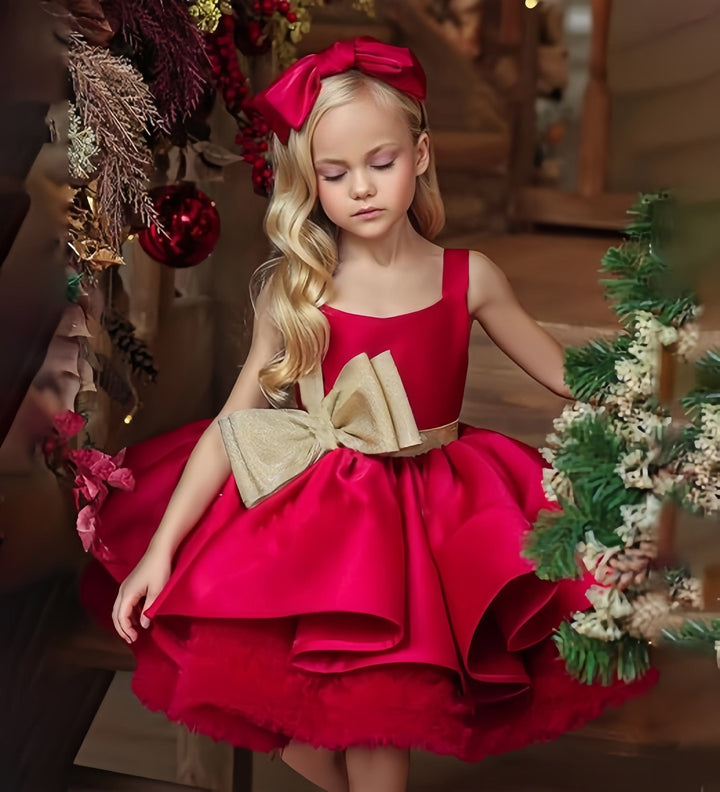 Sunnypetal Sleeveless Satin Princess Flower Girl Dresses Birthday Party with Bow Knot