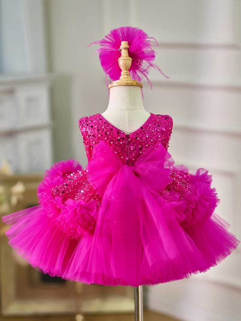 Sunnypetal Sleeveless Sequins Tulle Knee-Length Baby Girl Dress 1st Birthday Party Dress