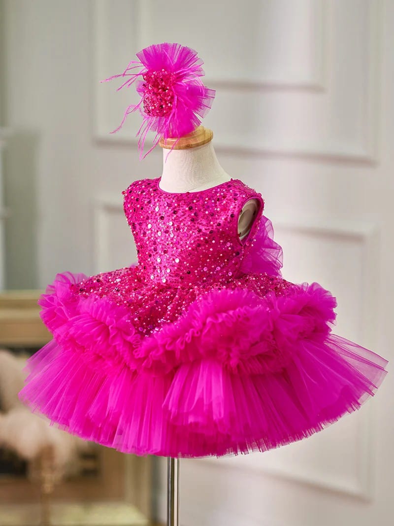 Sunnypetal Sleeveless Sequins Tulle Knee-Length Baby Girl Dress 1st Birthday Party Dress