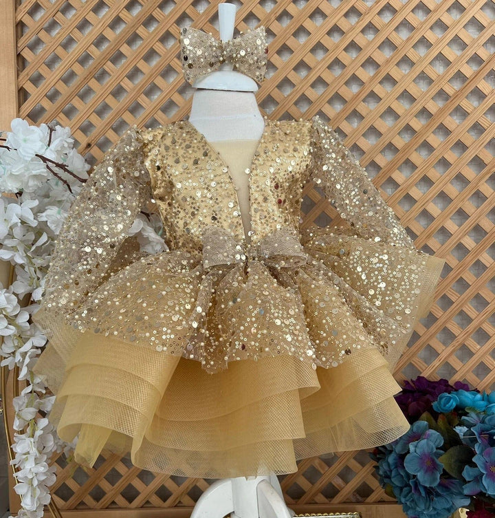 Sunnypetal Sparkling Gold Sequin Tulle Flower Girl Dress with Bow and Glitter Layers