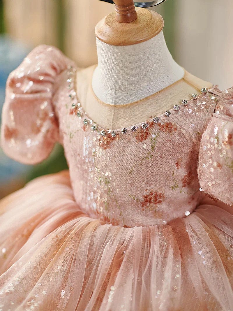 Sunnypetal Sparkling Pink Sequin Puff Sleeve Knee-length Baby Girl Party Dress