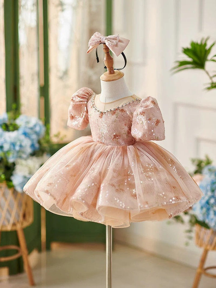 Sunnypetal Sparkling Pink Sequin Puff Sleeve Knee-length Baby Girl Party Dress