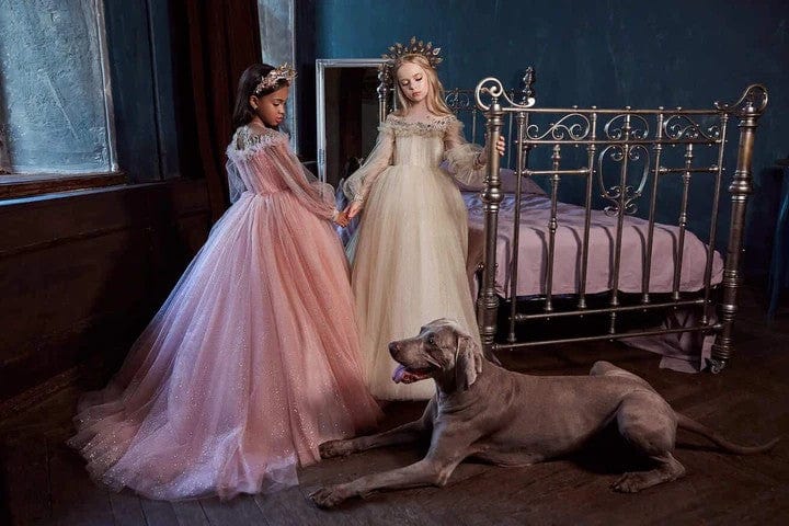 Sunnypetal Sparkly Puff Sleeves Long Tulle Flower Girl Dresses with Rhinestones