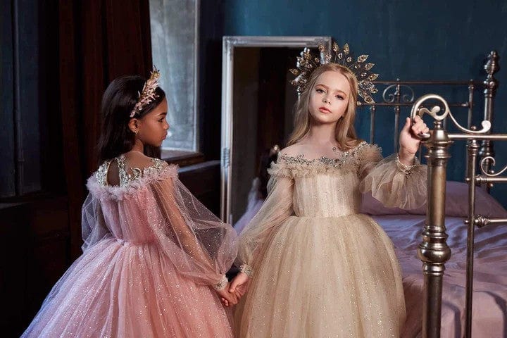 Sunnypetal Sparkly Puff Sleeves Long Tulle Flower Girl Dresses with Rhinestones