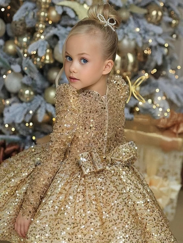 Sunnypetal Sparkly Sequin Knee-Length Flower Girl Dress with Long Sleeves & Bow