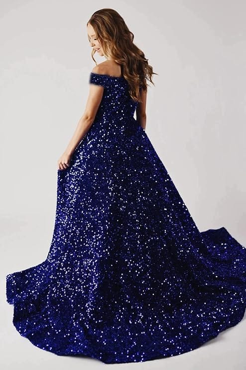 Sunnypetal Sparkly Sequin Pageant Dresses Off Shoulder Flower Girl Dress Kids Wedding Ball Gown