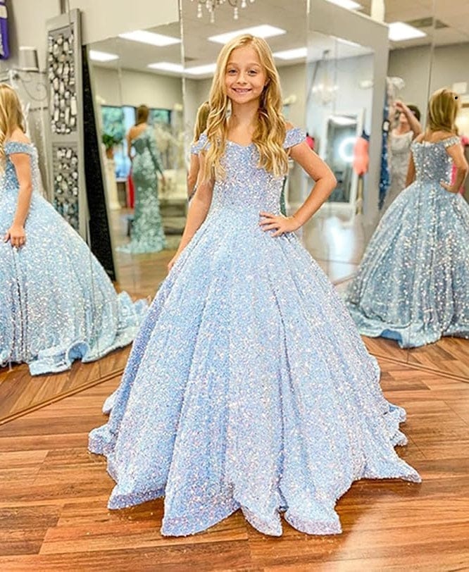 Sunnypetal Sparkly Sequin Pageant Dresses Off Shoulder Flower Girl Dress Kids Wedding Ball Gown
