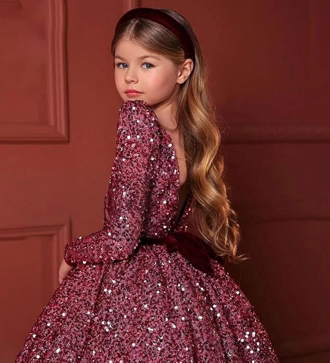 Sunnypetal Sparkly V-Neck Sequin Flower Girl Dress Birthday Party Pageant Gown