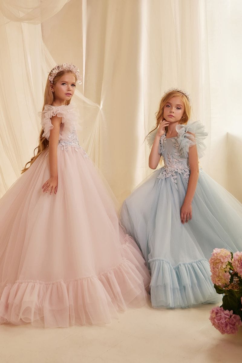 Sunnypetal Square Neck Tulle Ruffles Dress Appliques Sequins Ball Gown Flower Girl Dresses