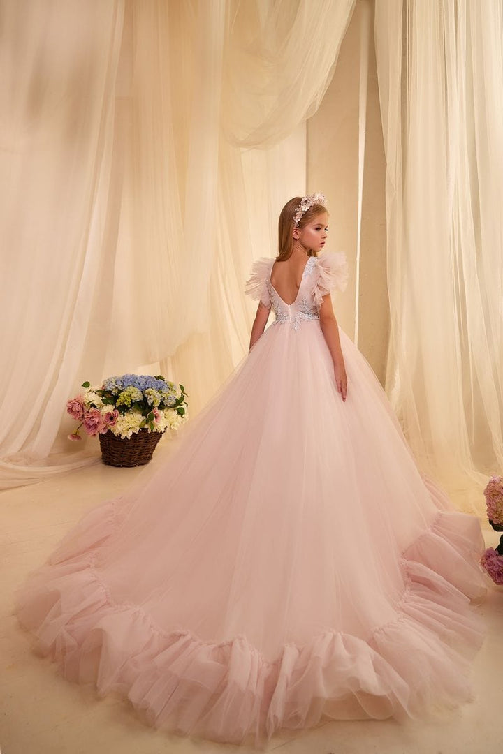 Sunnypetal Square Neck Tulle Ruffles Dress Appliques Sequins Ball Gown Flower Girl Dresses
