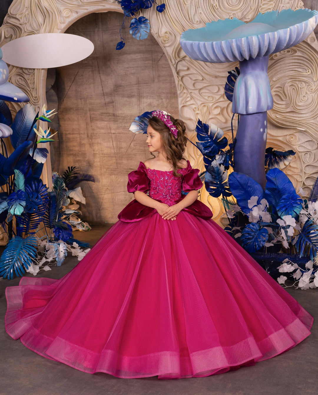 Sunnypetal Stunning Fuchsia Long Tulle Flower Girl Dress Prom Pageant Gown with Puffy Sleeves