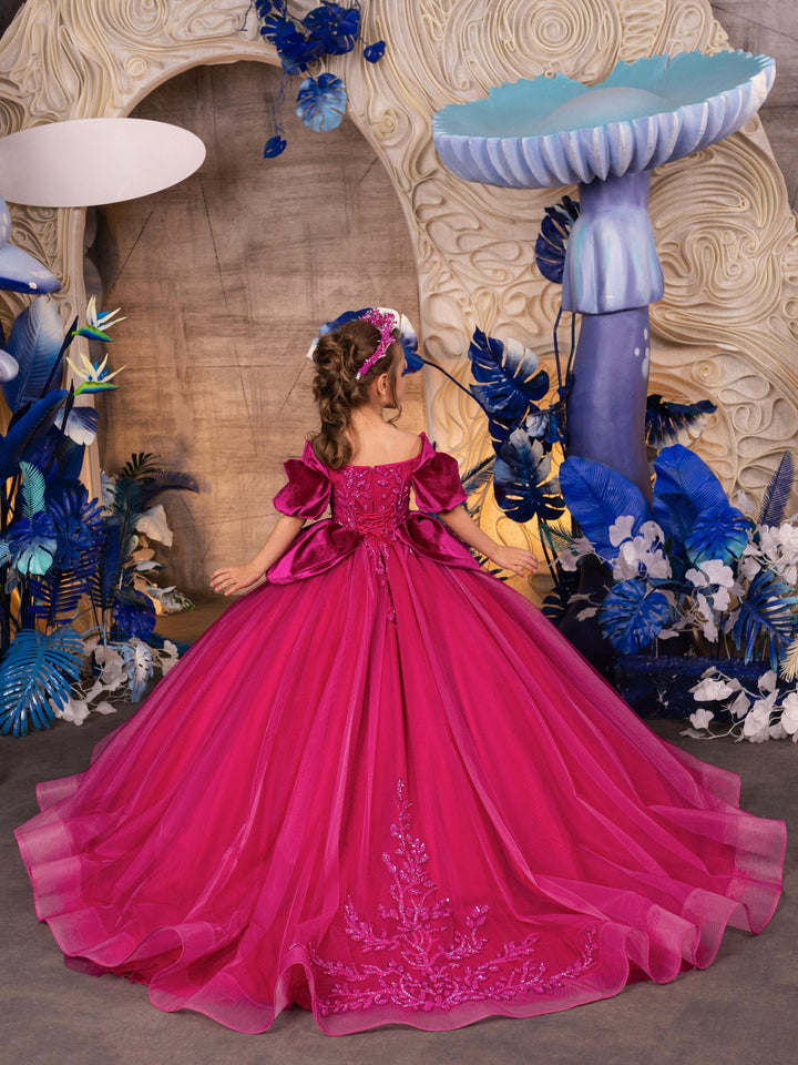 Sunnypetal Stunning Fuchsia Long Tulle Flower Girl Dress Prom Pageant Gown with Puffy Sleeves
