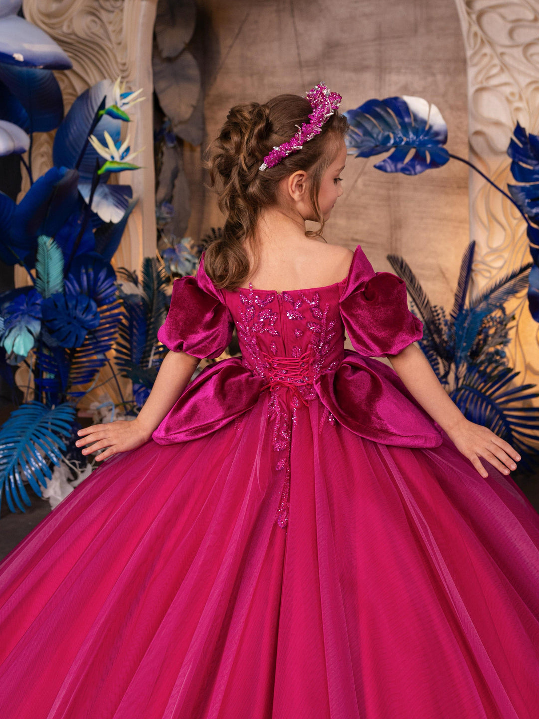Sunnypetal Stunning Fuchsia Long Tulle Flower Girl Dress Prom Pageant Gown with Puffy Sleeves