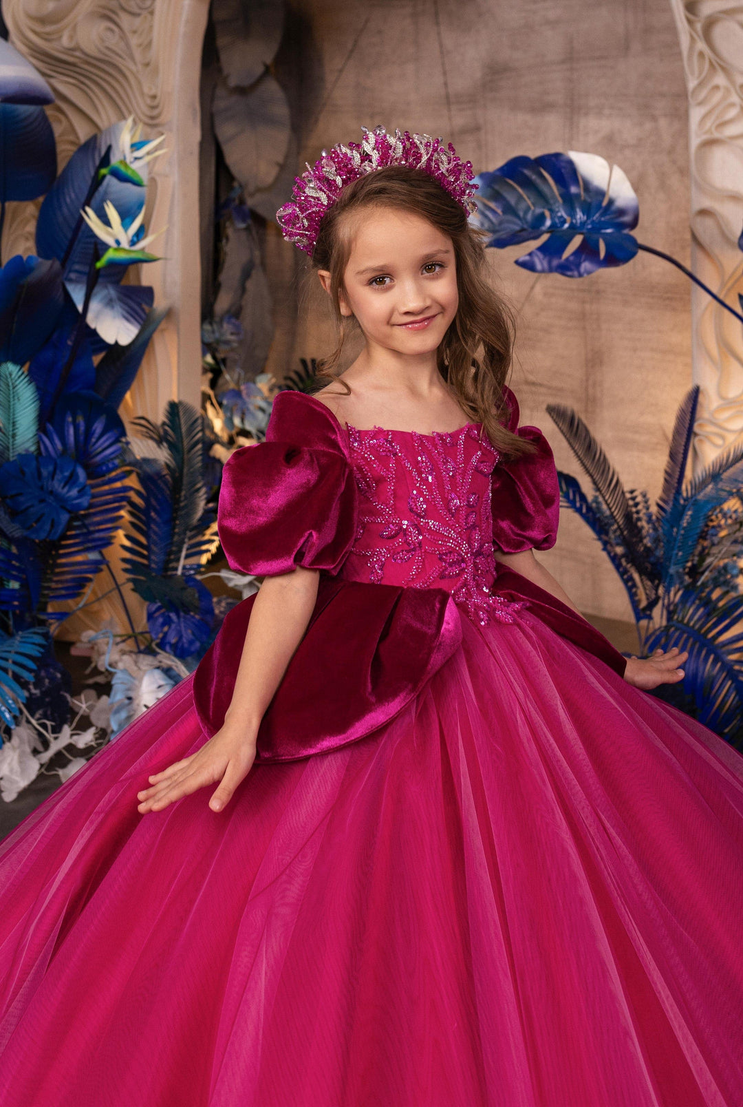 Sunnypetal Stunning Fuchsia Long Tulle Flower Girl Dress Prom Pageant Gown with Puffy Sleeves