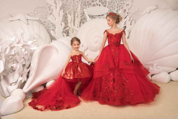 Sunnypetal Stunning Red Prom Pageant Ball-Gown Lace Appliques Sequins Long Tulle Flower Girl Dresses