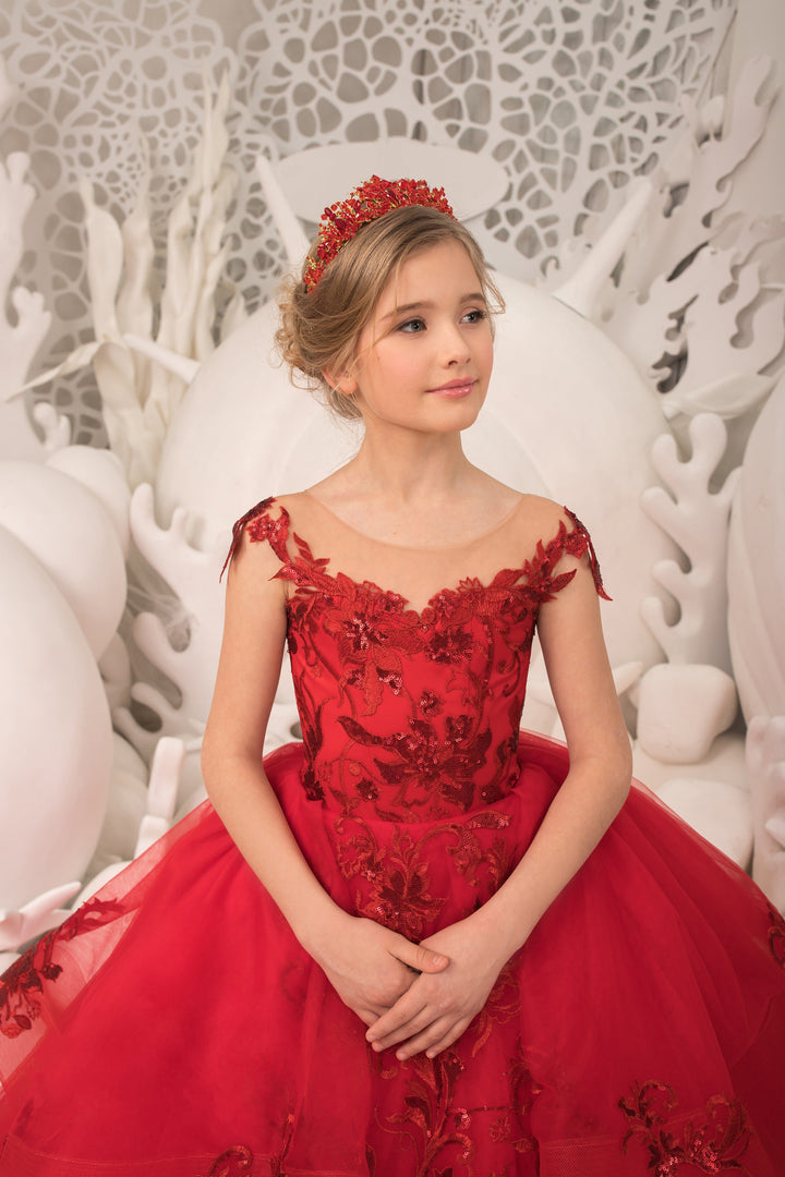 Sunnypetal Stunning Red Prom Pageant Ball-Gown Lace Appliques Sequins Long Tulle Flower Girl Dresses