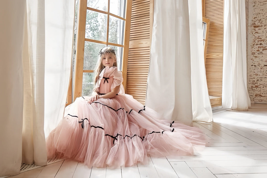 Sunnypetal Sweet Off-Shoulder Ruffle Neck Tulle Floor-Length Flower Girl Dress