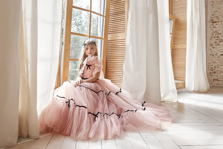 Sunnypetal Sweet Off-Shoulder Ruffle Neck Tulle Floor-Length Flower Girl Dress