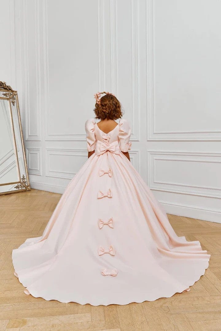 Sunnypetal Sweet Pink Satin Puffy Sleeves Communion Dresses with Bows