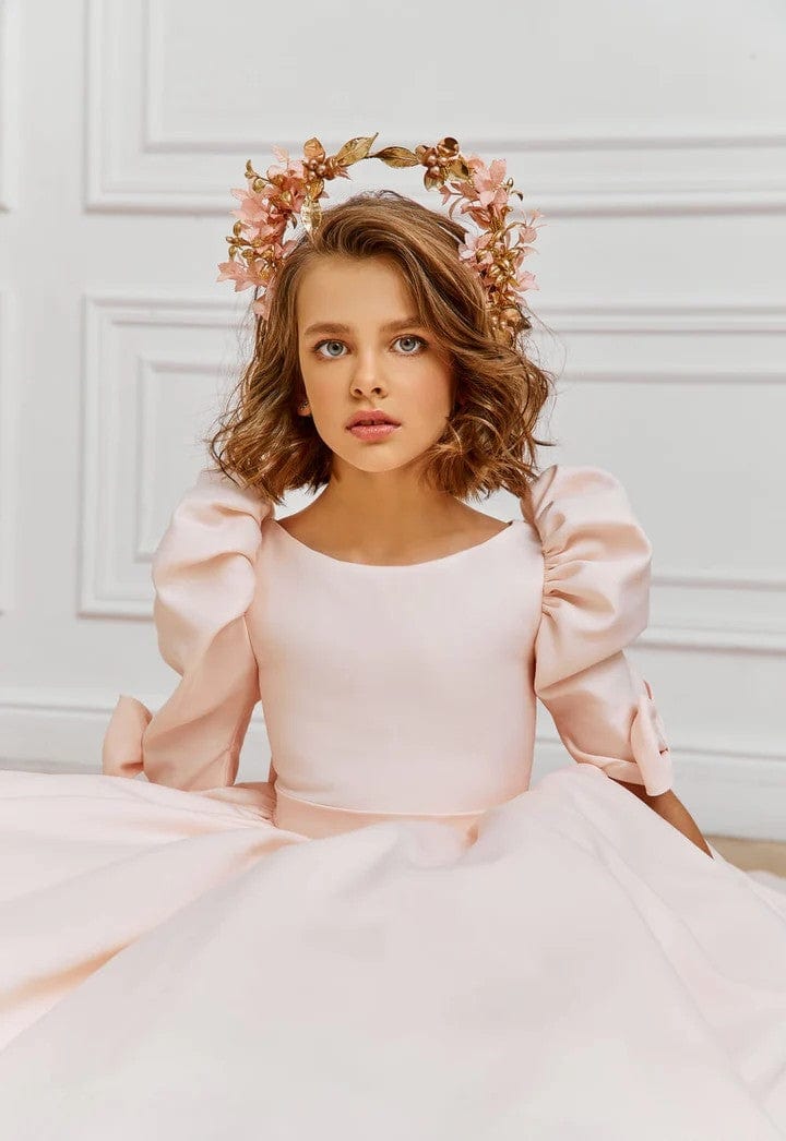Sunnypetal Sweet Pink Satin Puffy Sleeves Communion Dresses with Bows